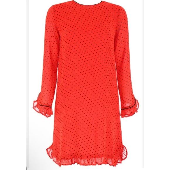 GANNI Mullin Georgette Red Polka Dot Long Sleeve Ruffle Hem Mini Dress Sz 2 - Picture 4 of 16